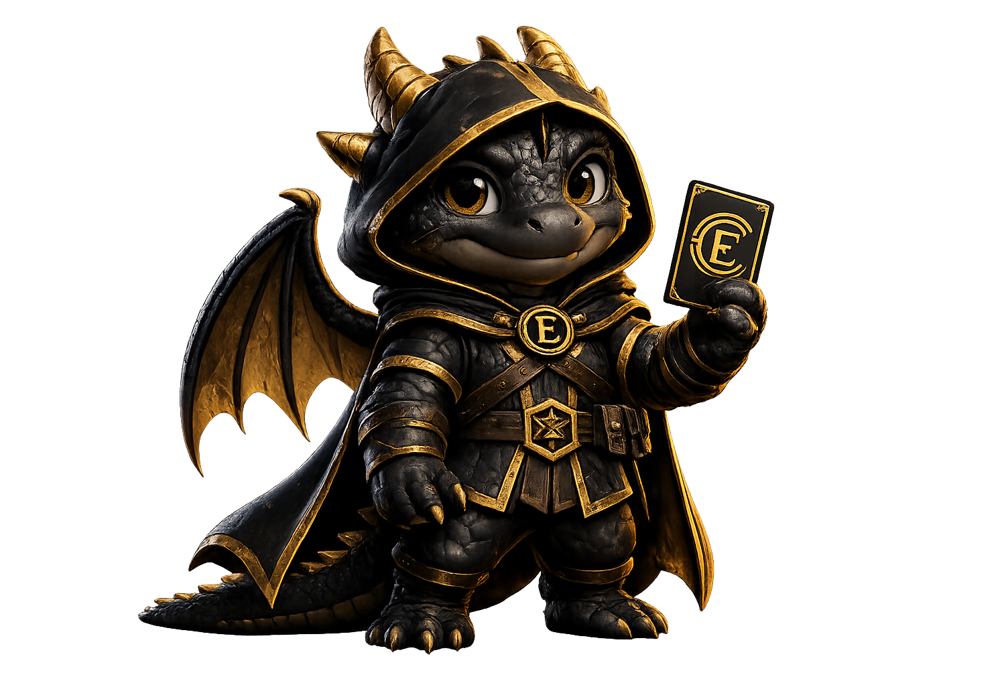 Cipher, the guardian dragon of Enigma Collective, holding a collectible card