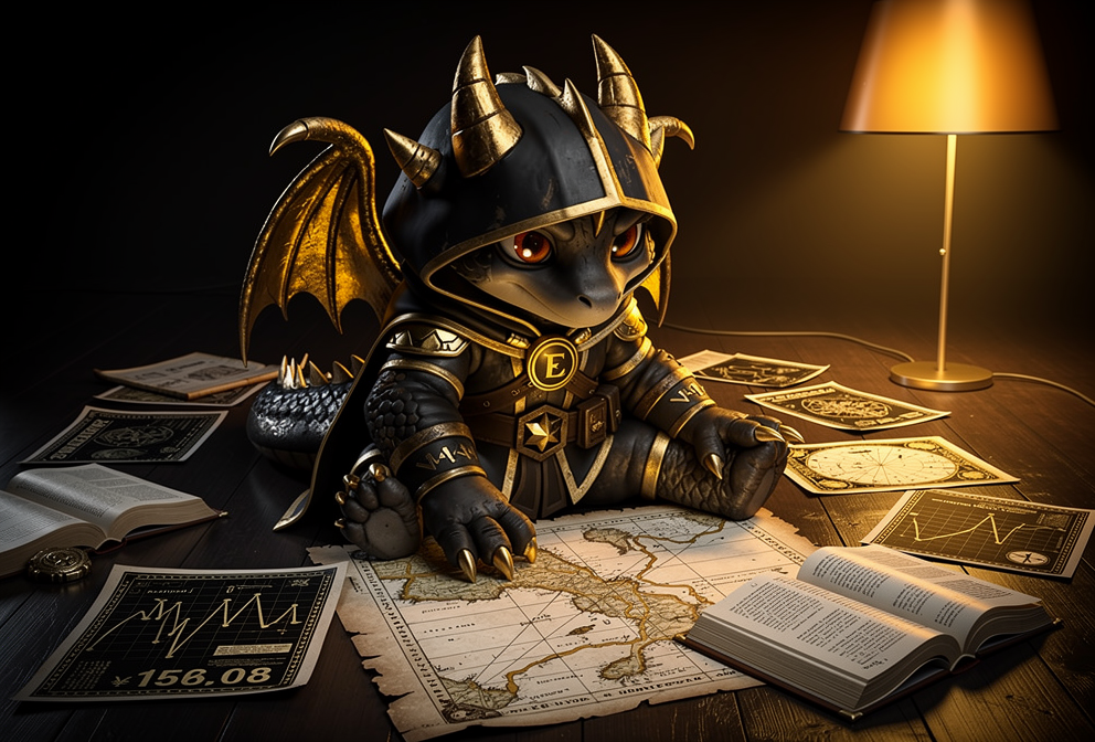 Cipher, the Enigma Collective guardian dragon, studying market maps and price charts on the floor