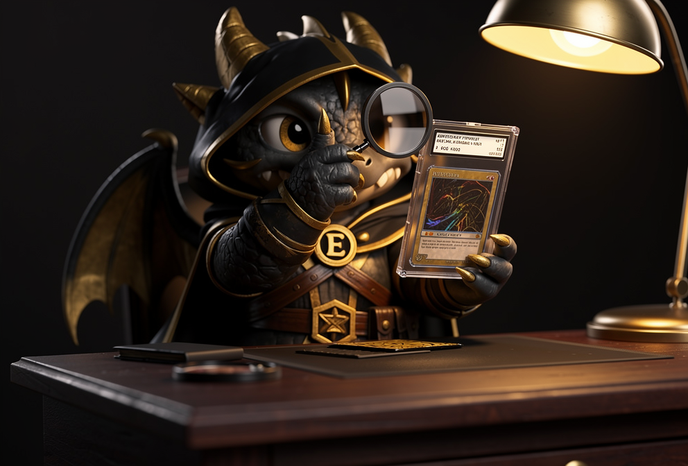 Cipher, the Enigma Collective guardian dragon, inspecting a graded card slab with a jeweler's loupe